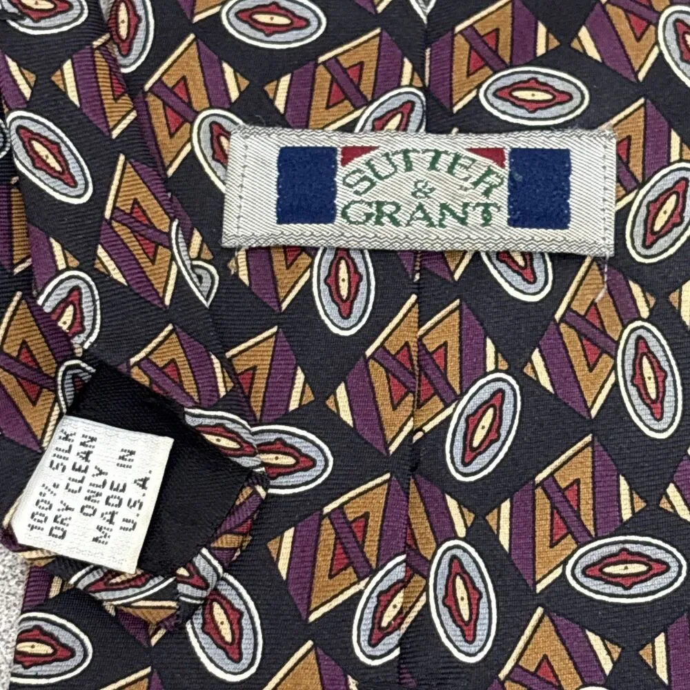 Vintage Sutter & Grant 100% Silk Necktie, Black/Brown/Burgundy Geometric Print